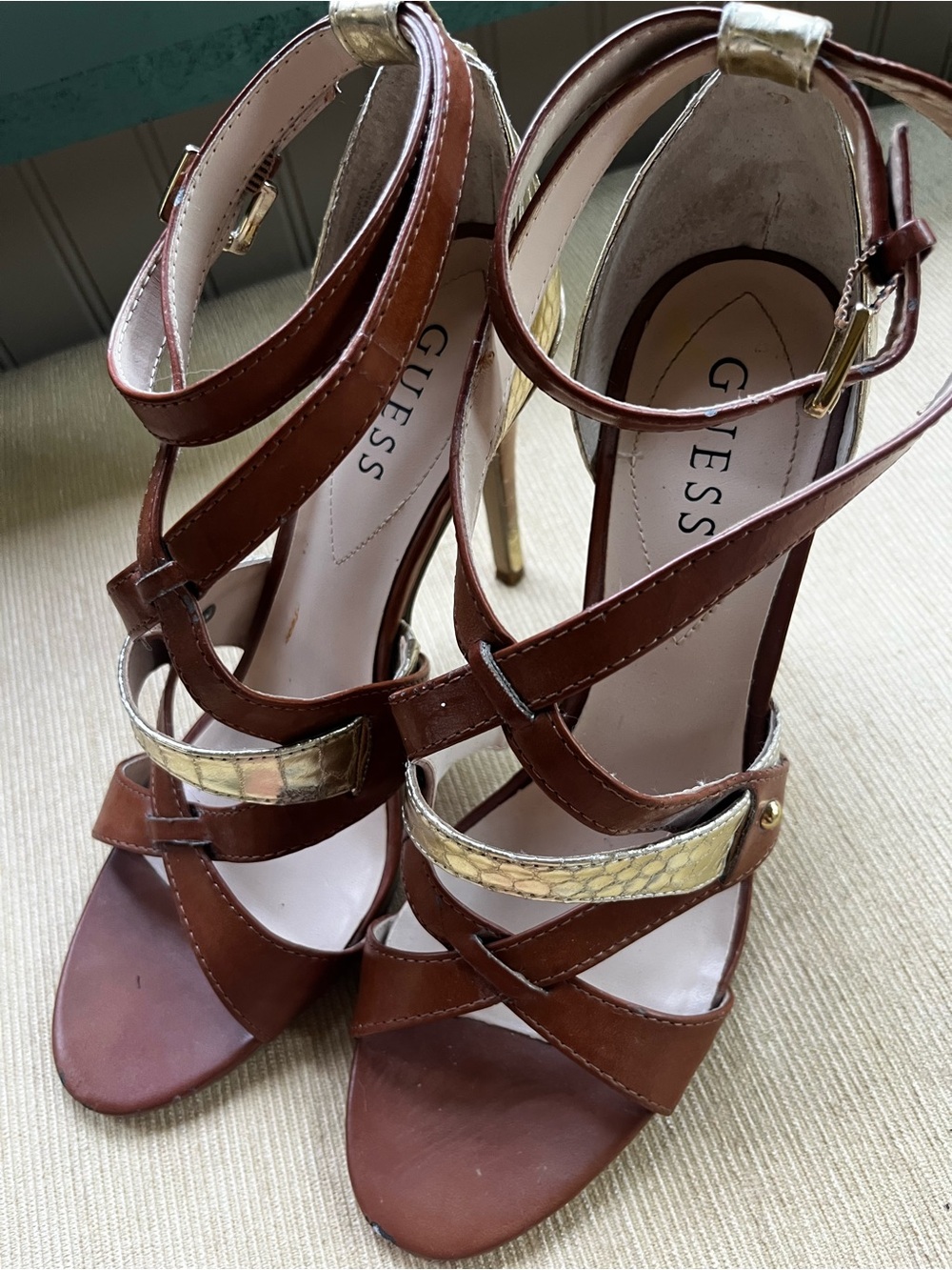 Women’s Brown Leather Strappy Heeled Sandals with Gold Accent - Picture 5 of 9